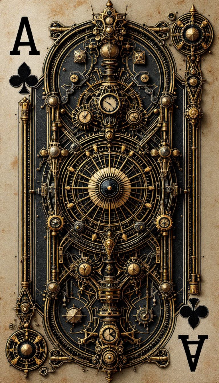 AI generated: Design a steampunk Ace of Clubs
 playing card. 