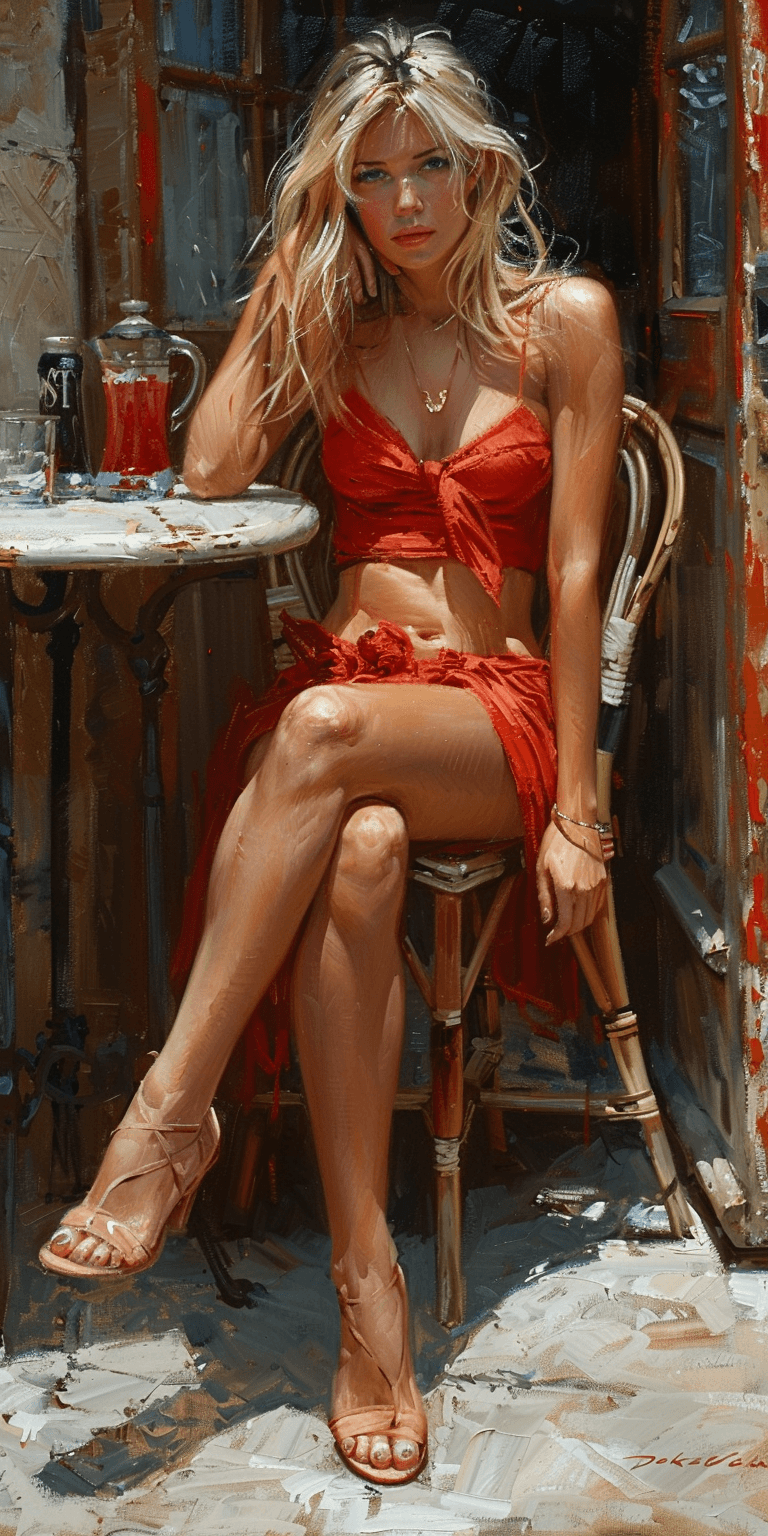 AI generated: oil painting on canvas of a beautiful woman in a red dress sitting at a table outside a Parisian caf...