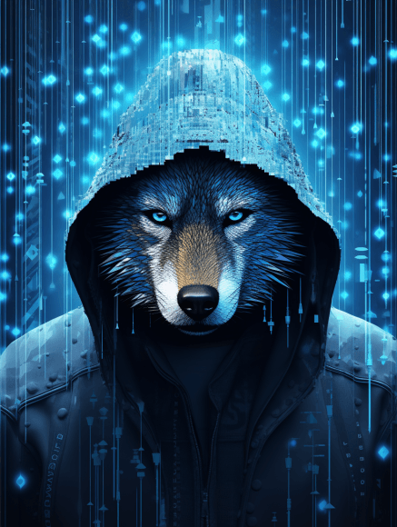 AI generated: hooded anthropomorphic man-wolf, in a Matrix-style digital world, surrounded by flowing binary code....