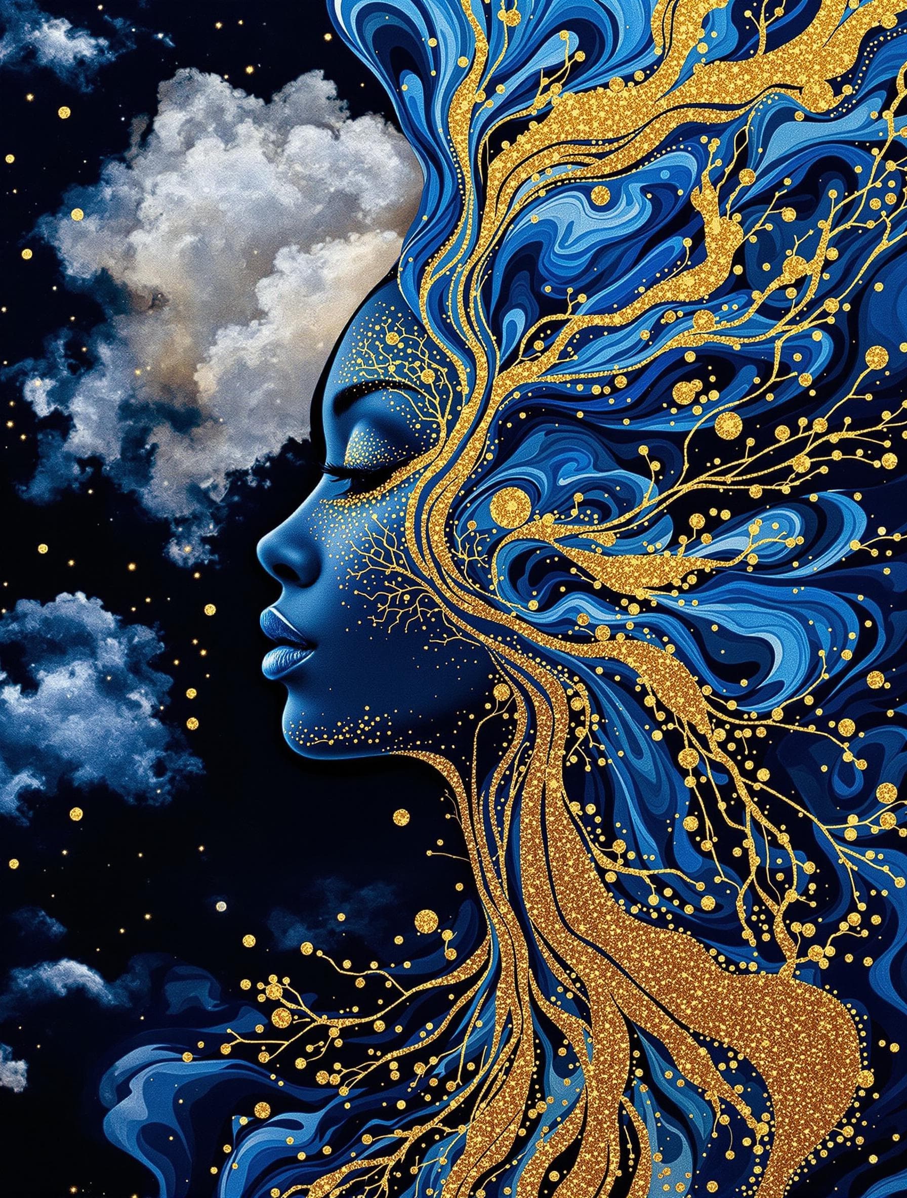 AI generated: This image is an abstract portrait of an African female face formed by flowing blue and gold swirlin...