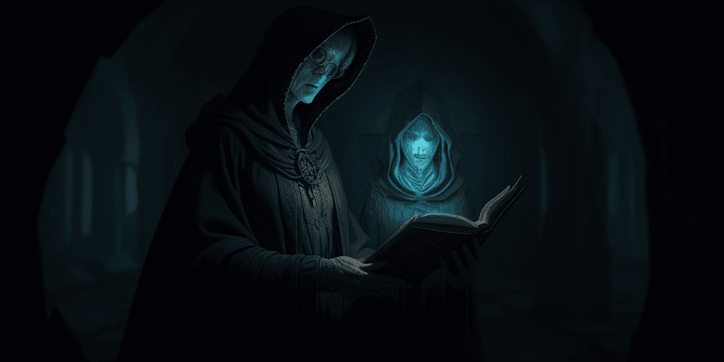 AI generated: ancient hooded librarian exploring forbidden knowledge of the high eldritch gods, highly detailed, a...