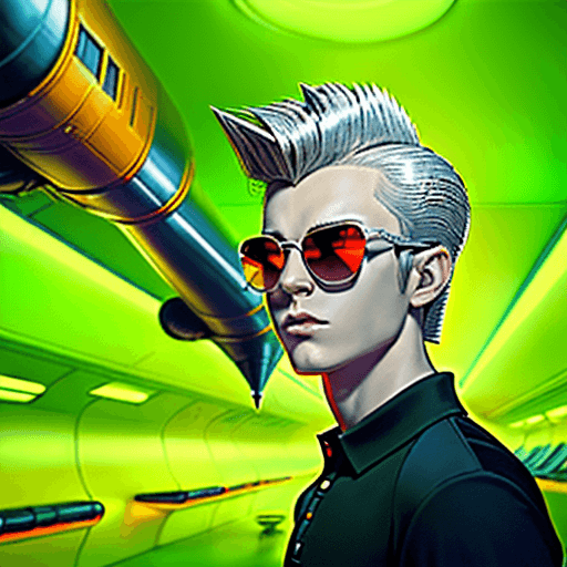 AI generated: A young man with spiky hairstyle in a polo shirt, wear a sunglasses inside a large spaceship, in the...