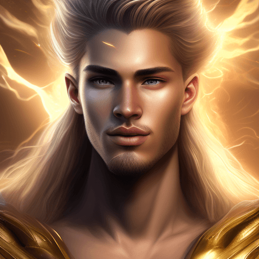 AI generated: 25 y/o man, enbodyment of the sun, sunrays for hair, golden skin and hair, portrait, centered, detai...