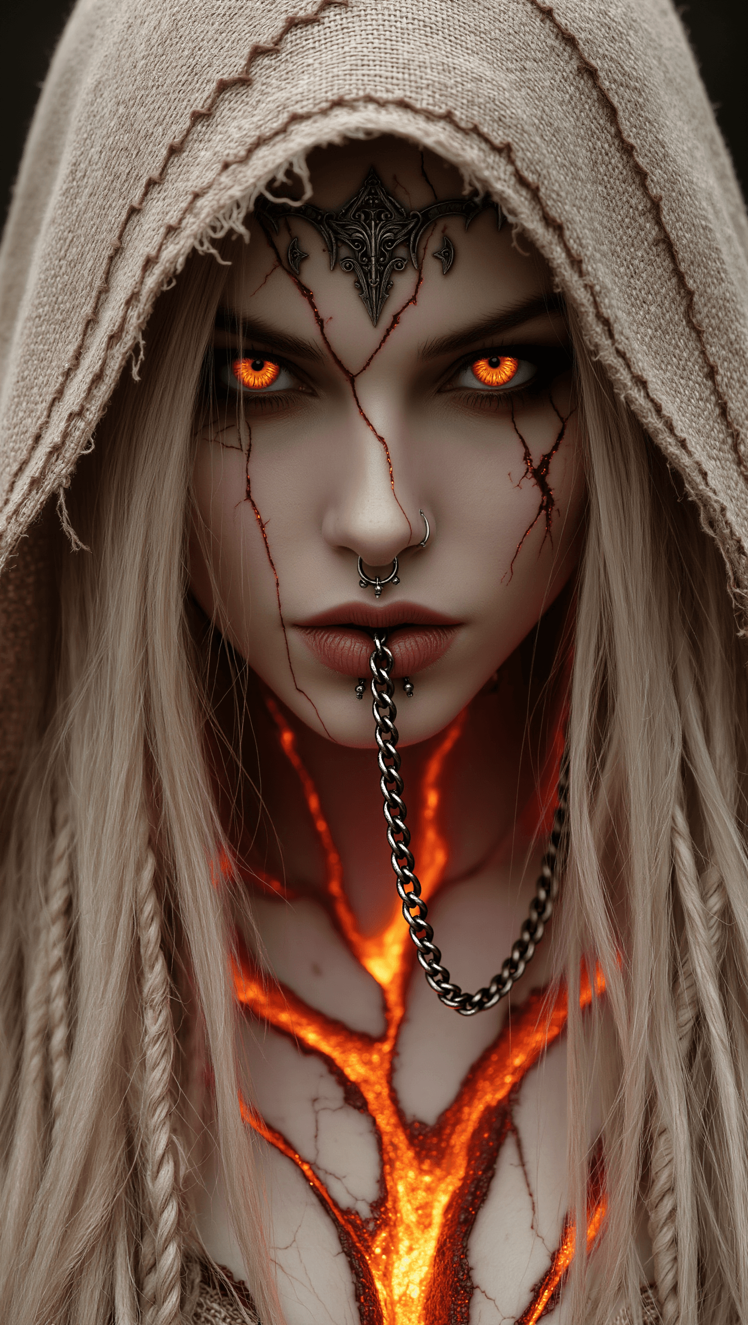 AI generated: "Hyper-realistic dark fantasy portrait of a female rogue with skin like cracked white porcelain. Dee...