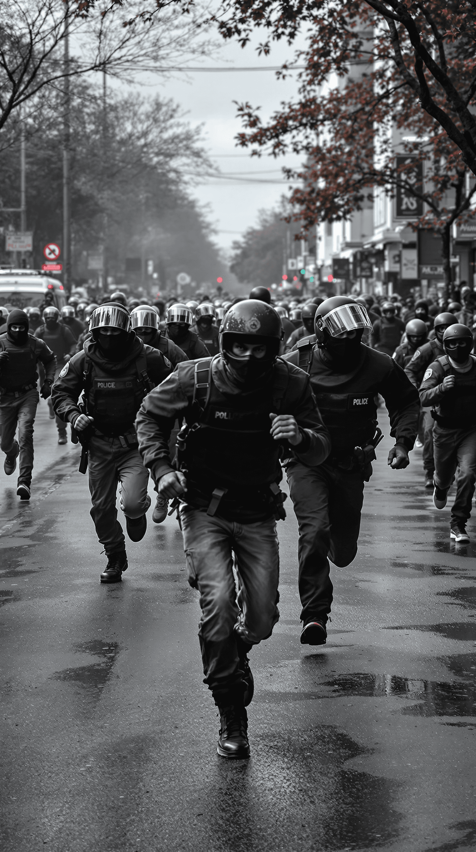 AI generated: hooligans run down the street from the police
