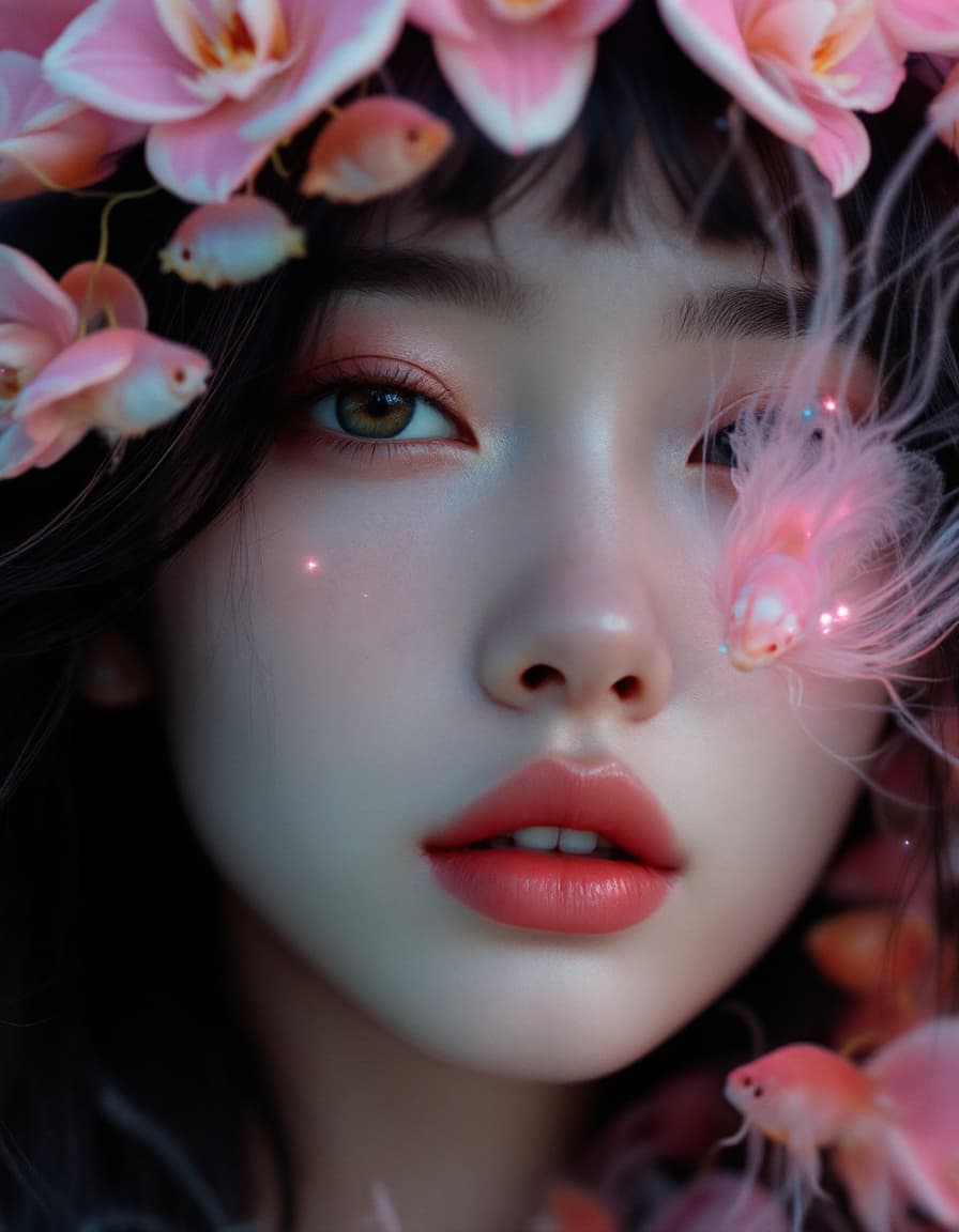 AI generated: Goddfashion photography, perfect face,through, pretty silk long black hairs,(medium side breast),cut...