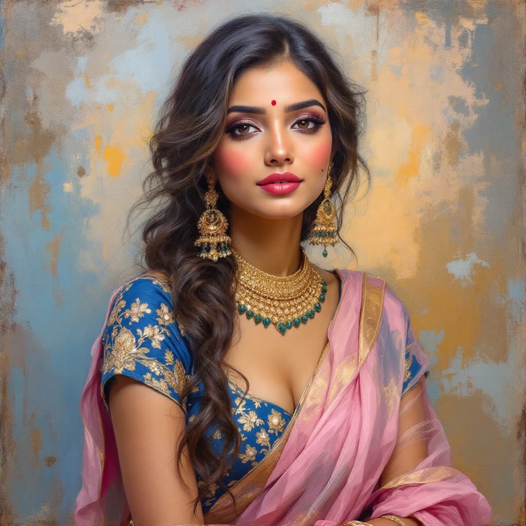 AI generated: A beautiful Indian woman in an elegant blue lehenga with pink sari, in the style of impressionist po...