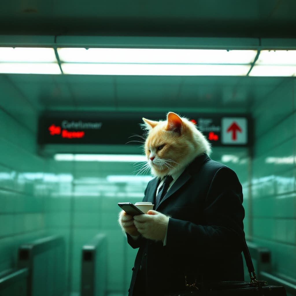 AI generated: an anthropomorphic cream cute cat wearing Suit, briefcase, cellphone, coffee standing alone in a sub...