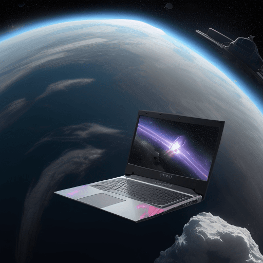 AI generated: A gaming laptop floating in space, drifting along the Milky, realistic