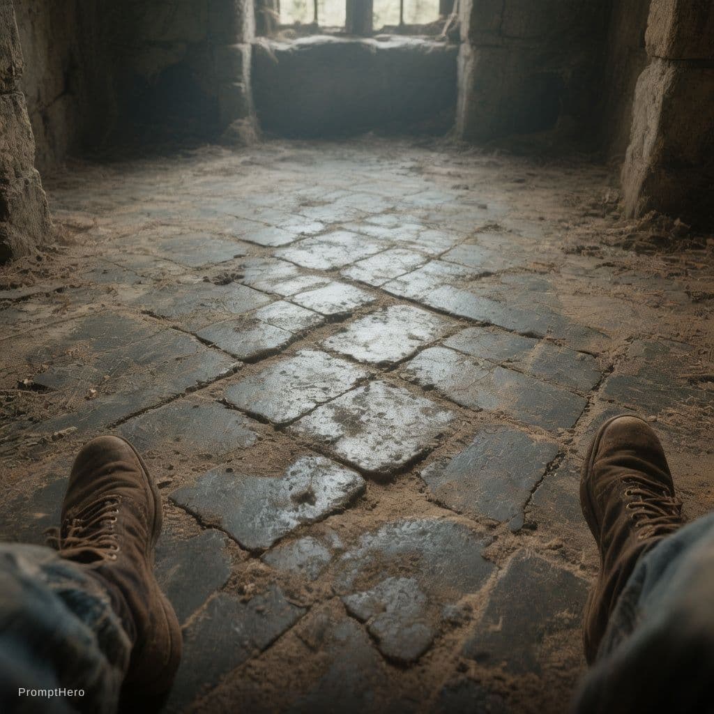 AI generated: need a floor from a prison in 1825 Madagascar palace dungeon from top view close up from first perso...