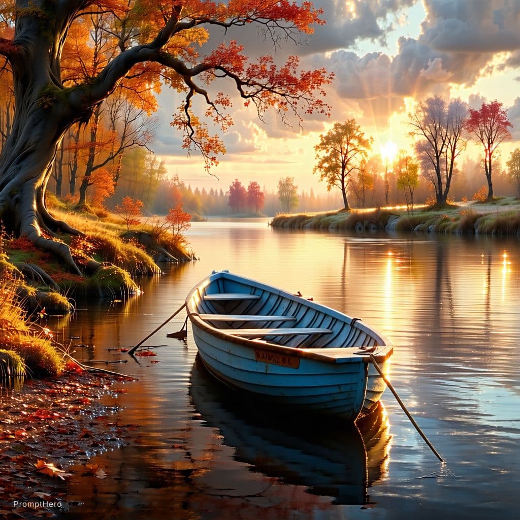 AI generated: Autumn river landscape at sunset, a calm reflective river winding through a forest, a small weathere...