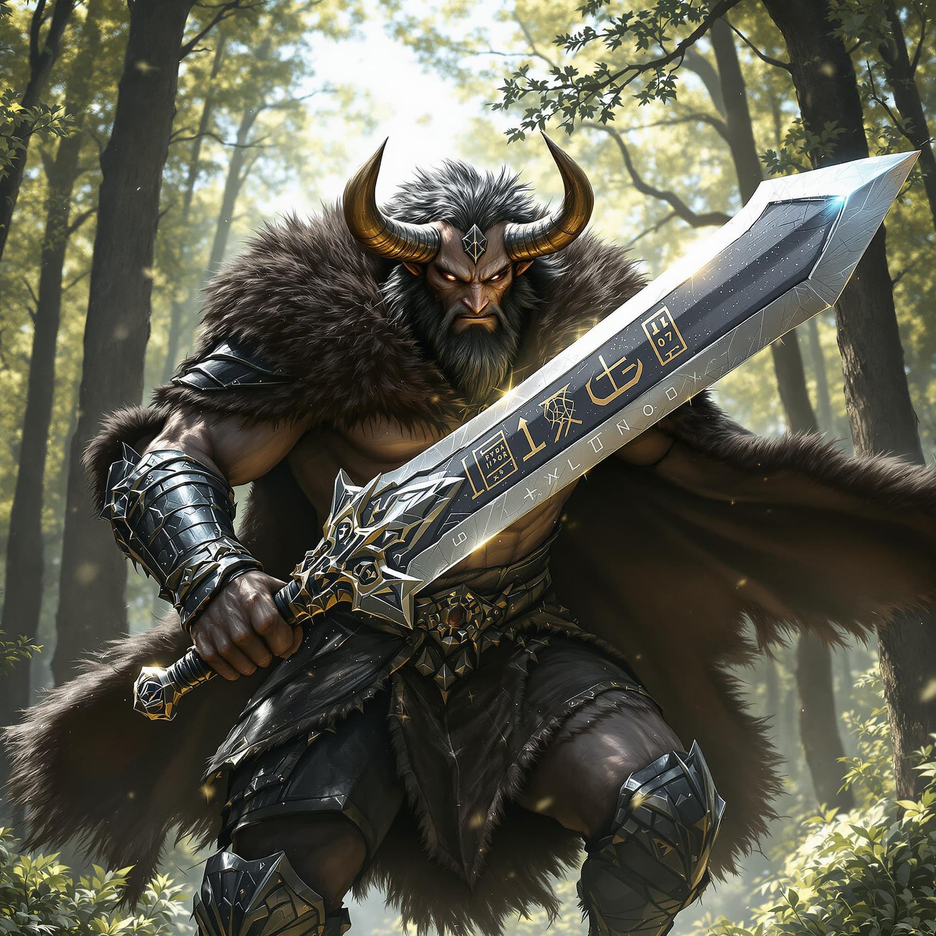 AI generated: A handsome-faced minotaur warrior, clad in battered black armor, charges forward in the middle of a ...