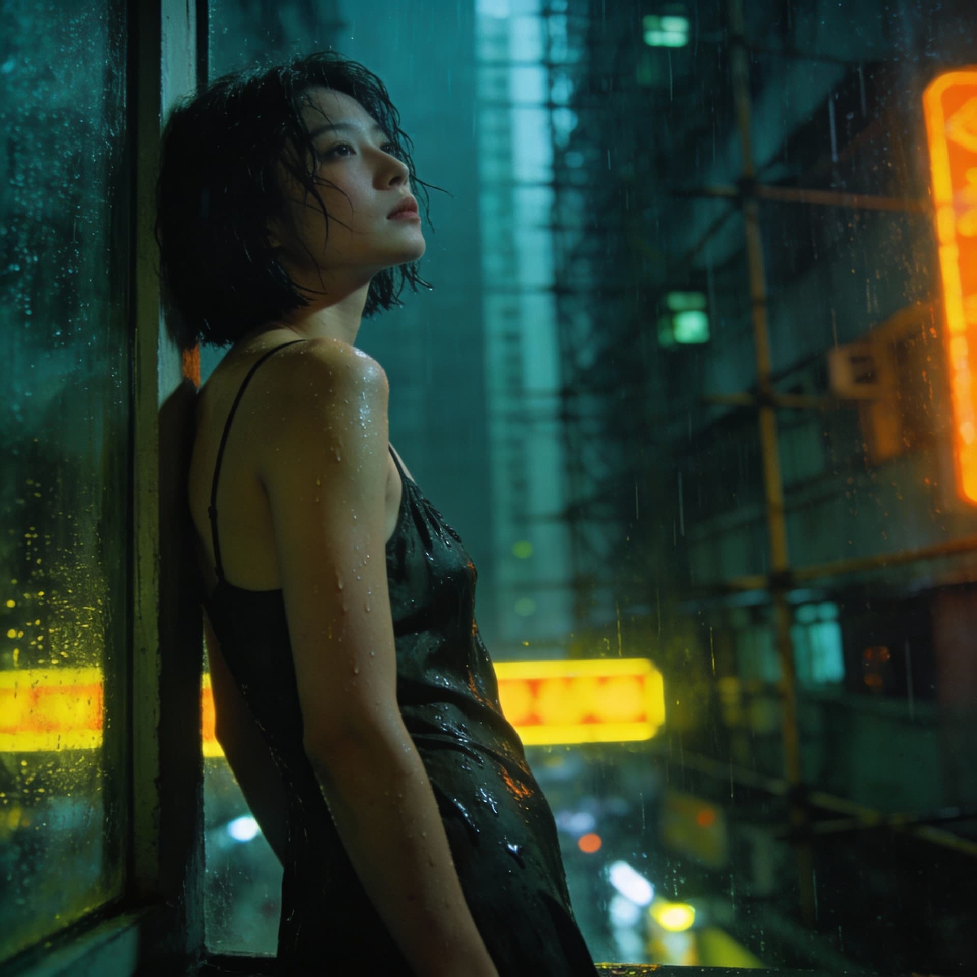 AI generated: A highly-detailed, photorealistic, cinematic medium shot of a solitary young East Asian woman standi...