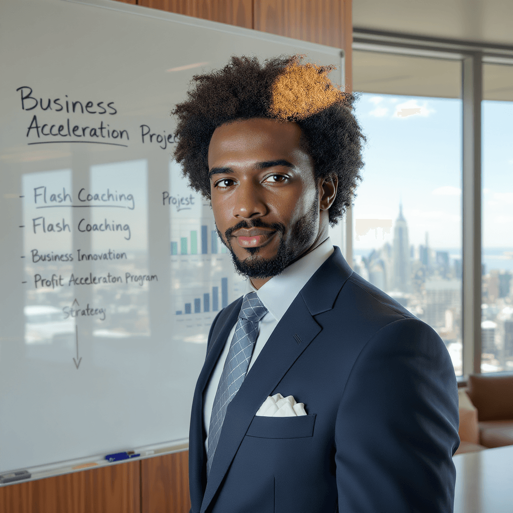 AI generated: A confident businessman with dark brown eyes, curly afro hair with lighter highlights, light brown s...