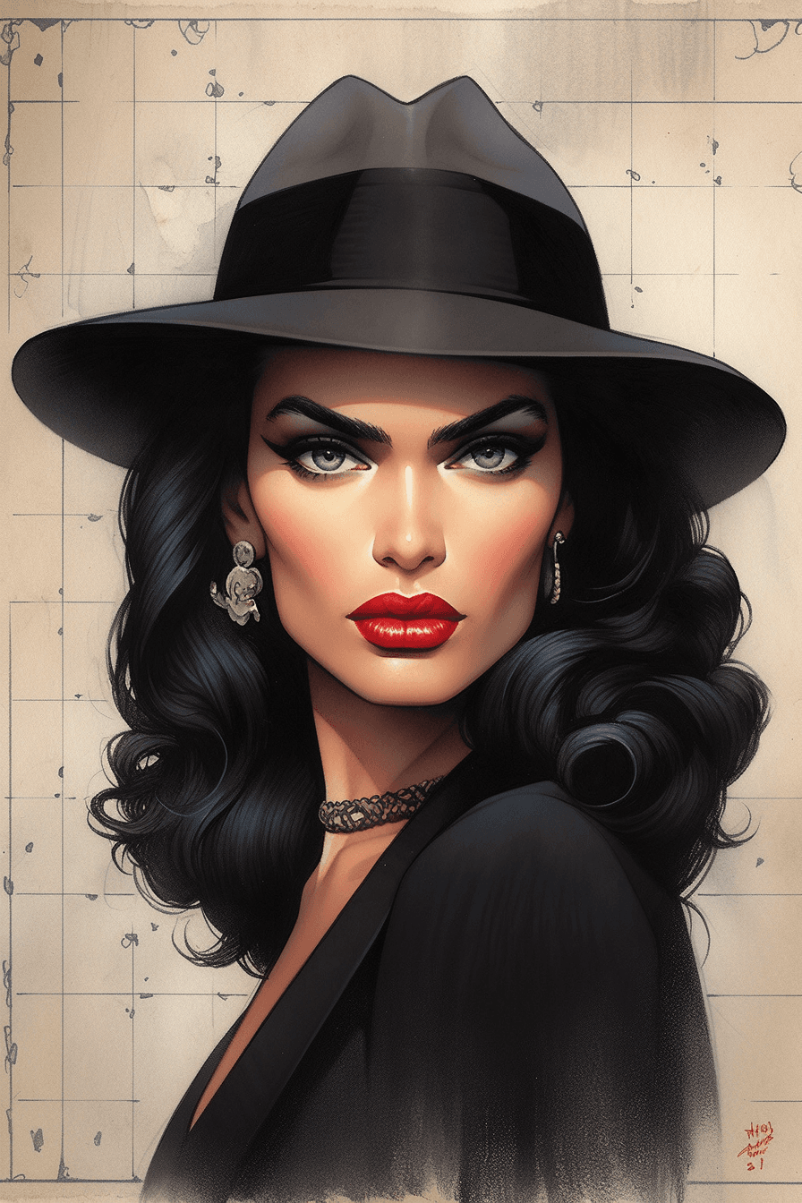 AI generated: A charming and charismatic rogue, Mugshot style, with bold makeup, Ink Drawing art by Alex Horley, s...
