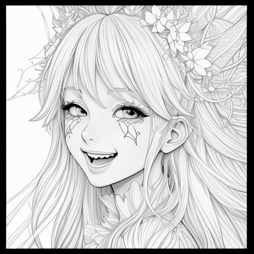 AI generated: coloring page Anime portrait clean line art, black pen line high detail, laughing close up, wild dyn...