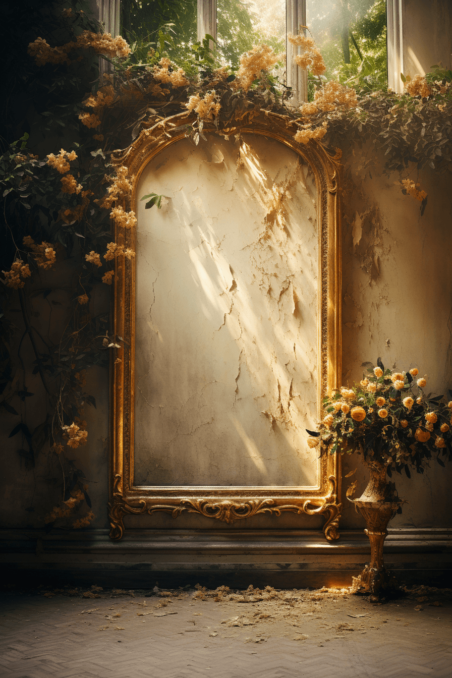 AI generated: sharp details, realistic film photography, gold ornate detailed baroque picture frame, on plaster wa...