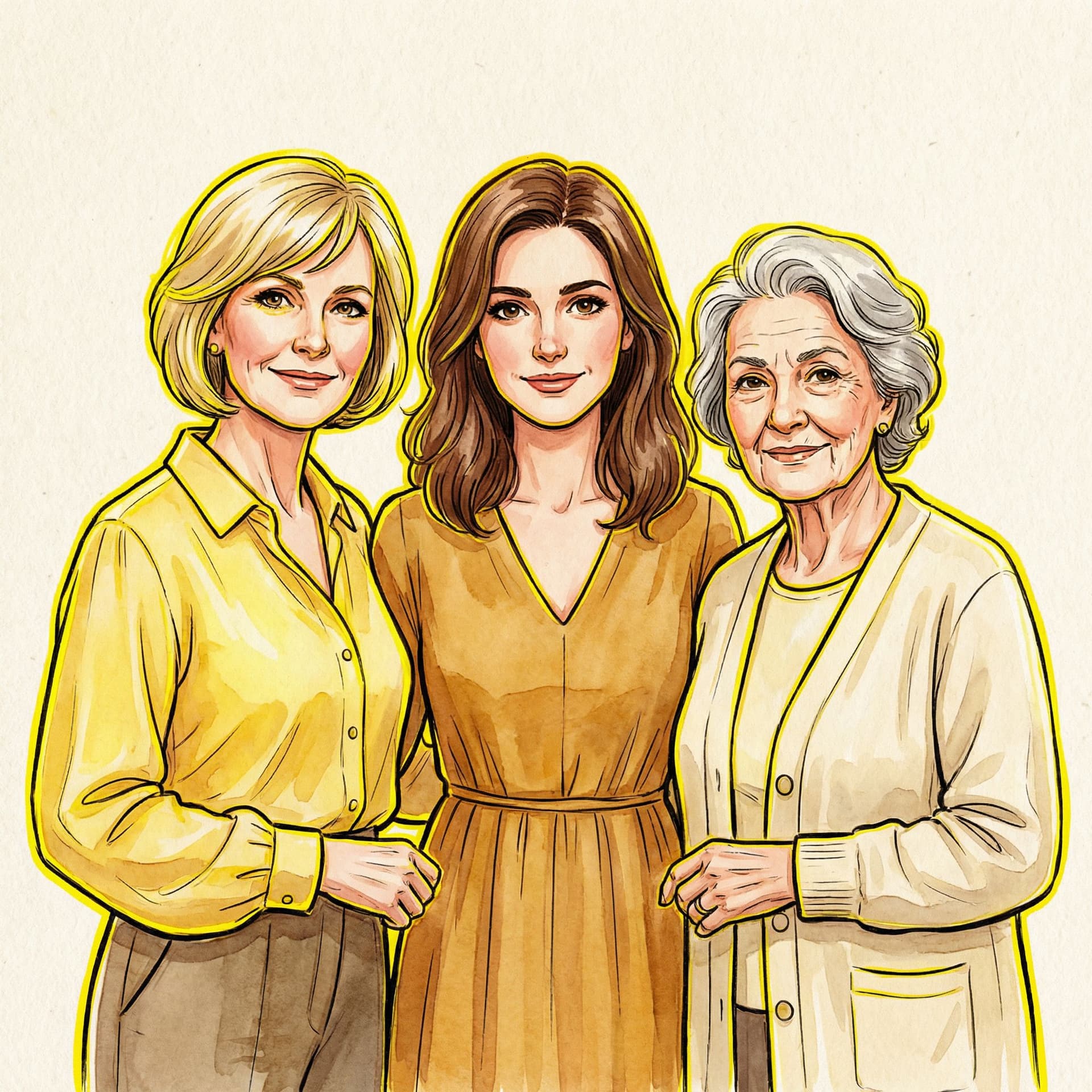 AI generated: illustration, women, three, yellow, outlines --ar 9:16