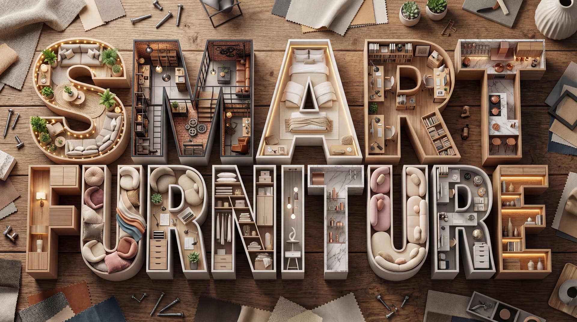 AI generated: A maximalist 3D typographic artwork where the entire word “SMART FURNITURE” is constructed from a la...
