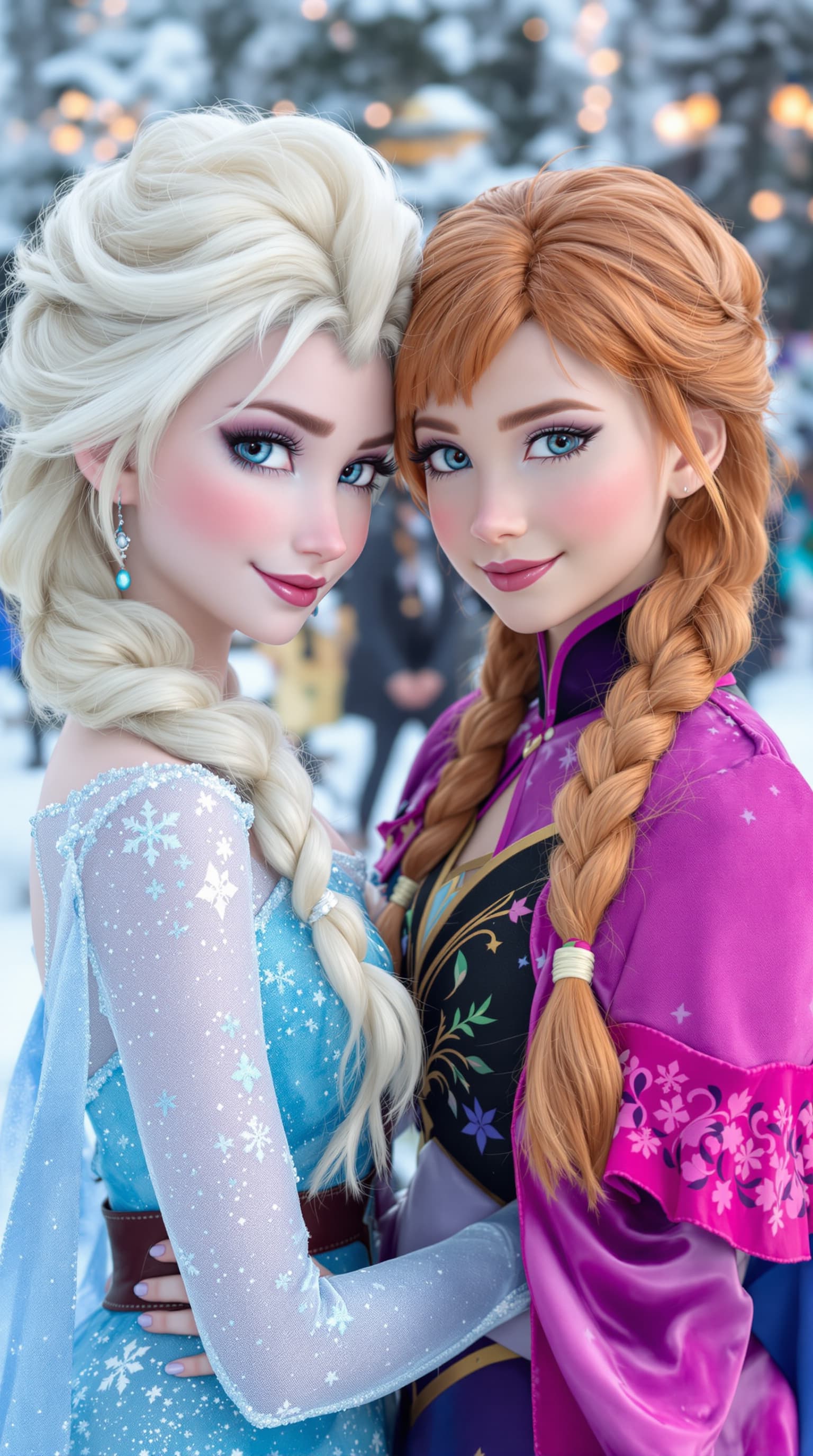 AI generated: A hyper-realistic depiction of 2 eleven year old cosplayers as Elsa and Anna from Frozen











...