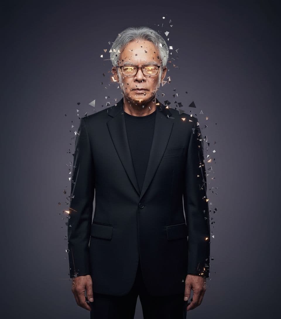 AI generated: realistic portrait, man, contemporary styled, staring to camera, wearing a minimalist black suit, fe...