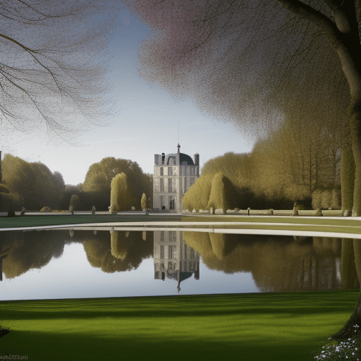 AI generated: High resolution photography. presentation du domaine de saint cloud. jardin du matin calme sur lac d...