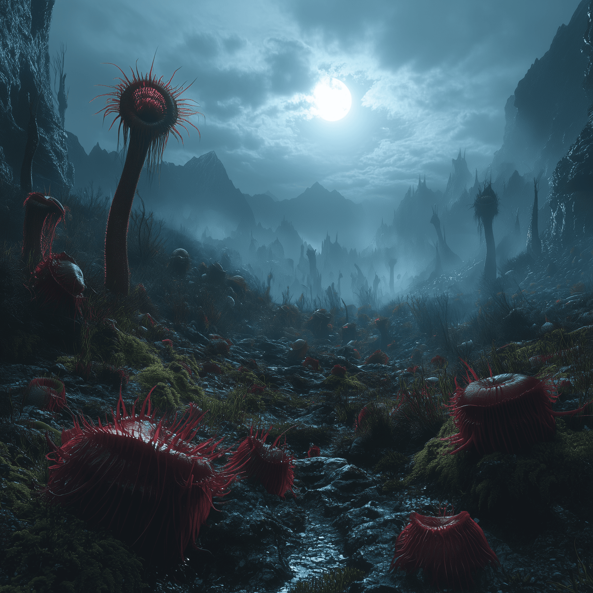 AI generated: A wide shot of an alien landscape with gigantic carnivorous plants, set at night in a foggy and myst...