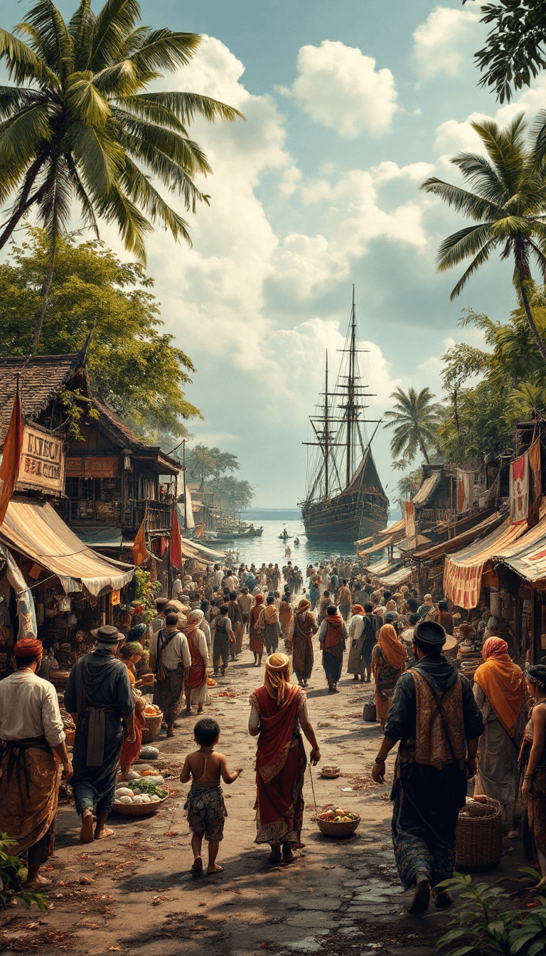 AI generated: Create the atmosphere of the 16th-century Gowa-Tallo Kingdom market. The market bustles with pedestr...