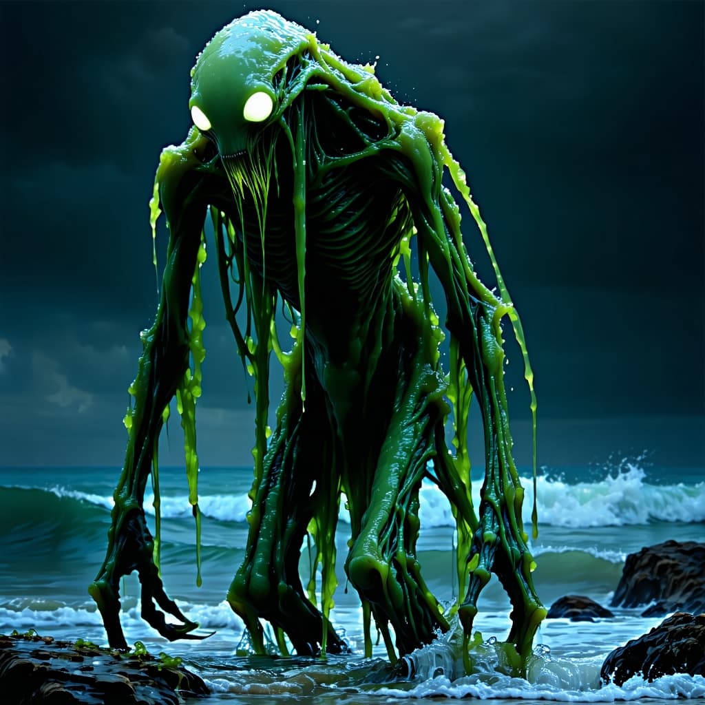 AI generated: amphibious humanoid creature with wet, barnacle-covered skin, long webbed fingers, glowing pale eyes...