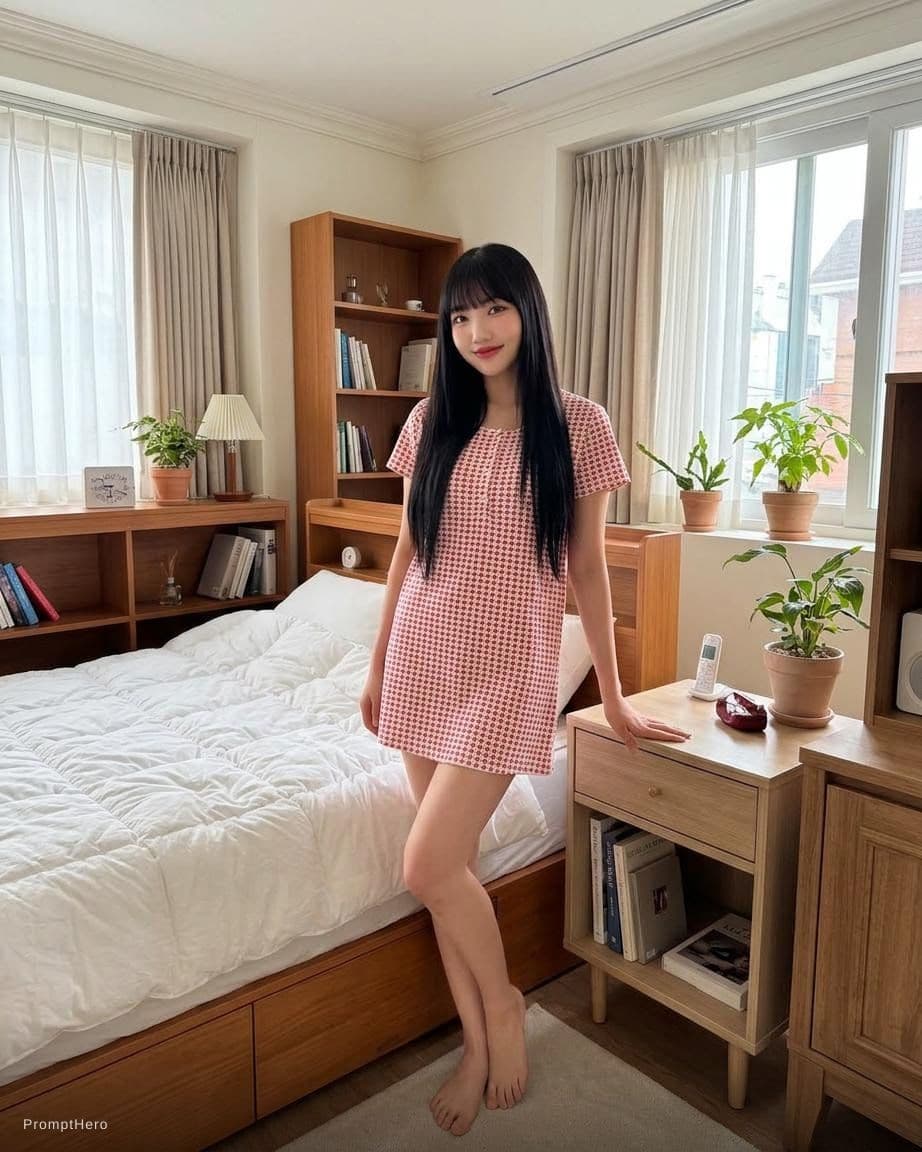 AI generated: girls is dressed in a one piece night gown dress in her bedroom 