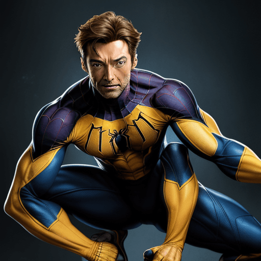 AI generated: HUGH JACKMAN IN A YELLOW AND BLUE WOLVERINE/SPIDER-MAN COSTUME