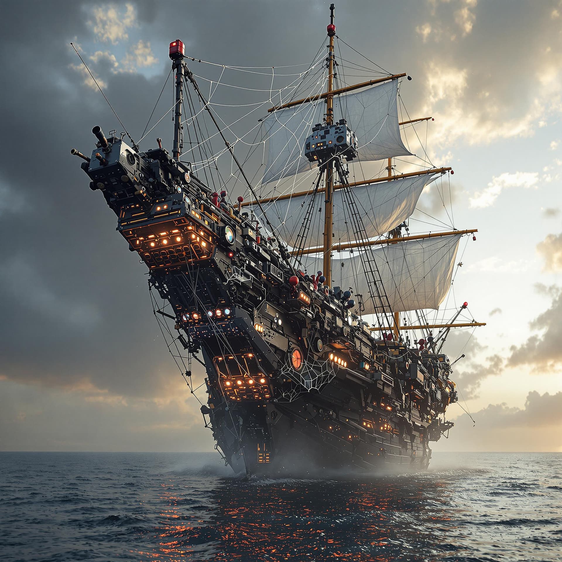 AI generated: Photo of an ultra realistic photo of a ship in spider-man style with robotic stuff and webs