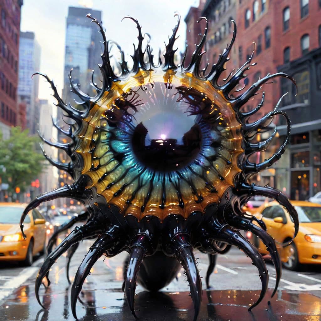 AI generated: ferrofluid monster mixed between a Spider and a cat::5 on a new york street, tentacles, eyes on stal...