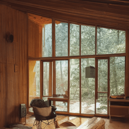 AI generated: hyper realistic eye level exterior photo of a beautiful mid-century off grid cabin, natural material...