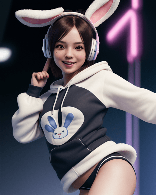AI generated:  cute, chibi, bunny wearing a sport hoody  and headphones, showing actitute smile , cool dance moves...