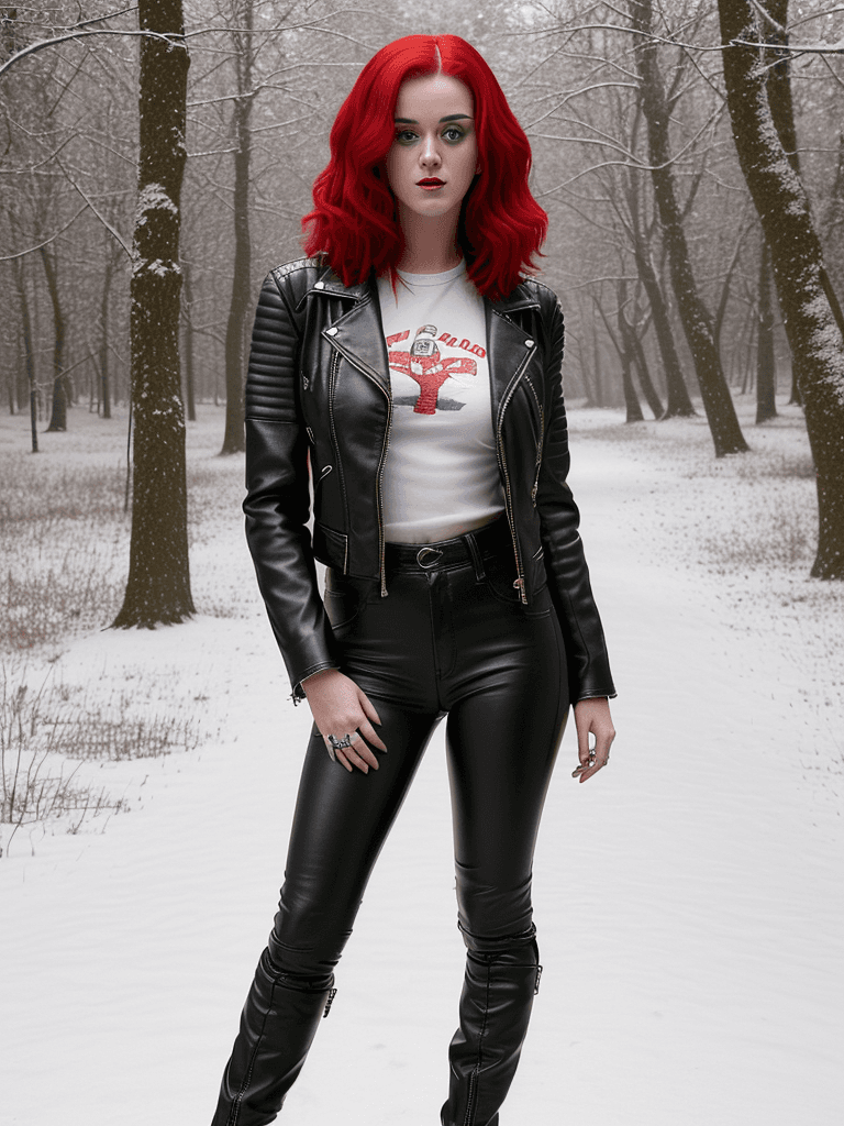AI generated: Katy Perry wearing a leather jacket leather jeans and leather highboots,  with her red hair, standin...