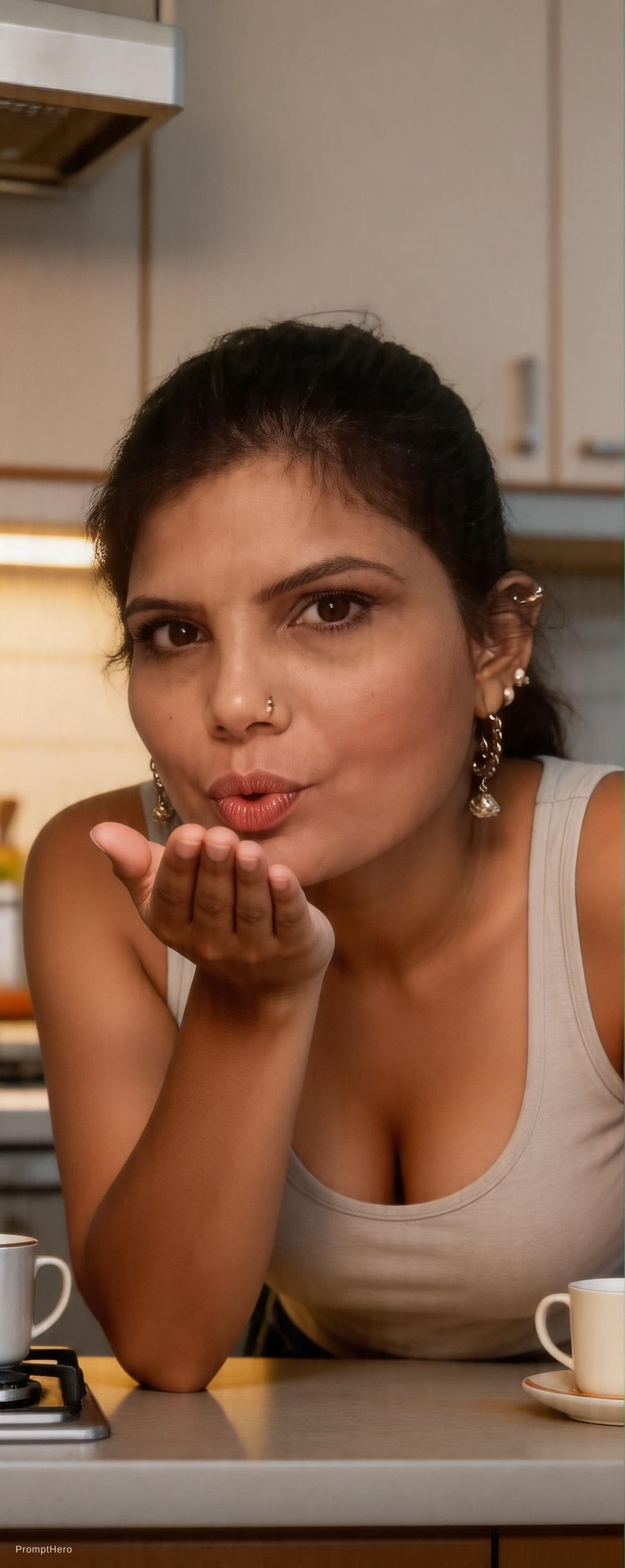 AI generated: Teasing, leans over on a kitchen desk, wearing a décolleté tanktop, seduving eye contact blowing me ...