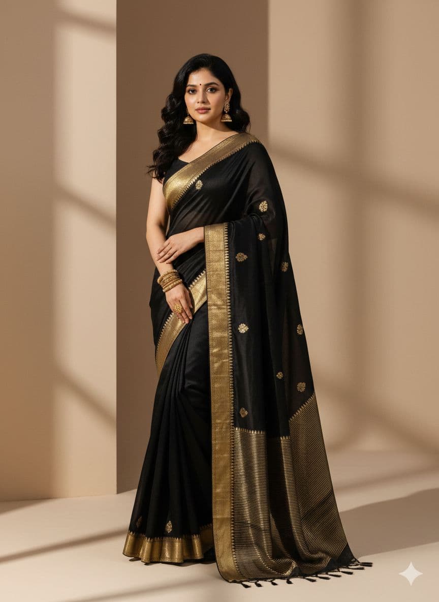 AI generated:  face exact mach wearing black saree golder border, full-body shot with a high-fashion magazine aest...