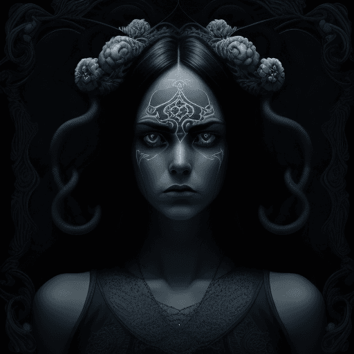 AI generated:  a serious woman with a look of malice, tendrils, dark atmosphere, greyscale, cinematic, psychedelic...