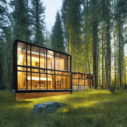 AI generated: Hiperrealistic house, with big windows, in the forest, gold hour. Photo magazine