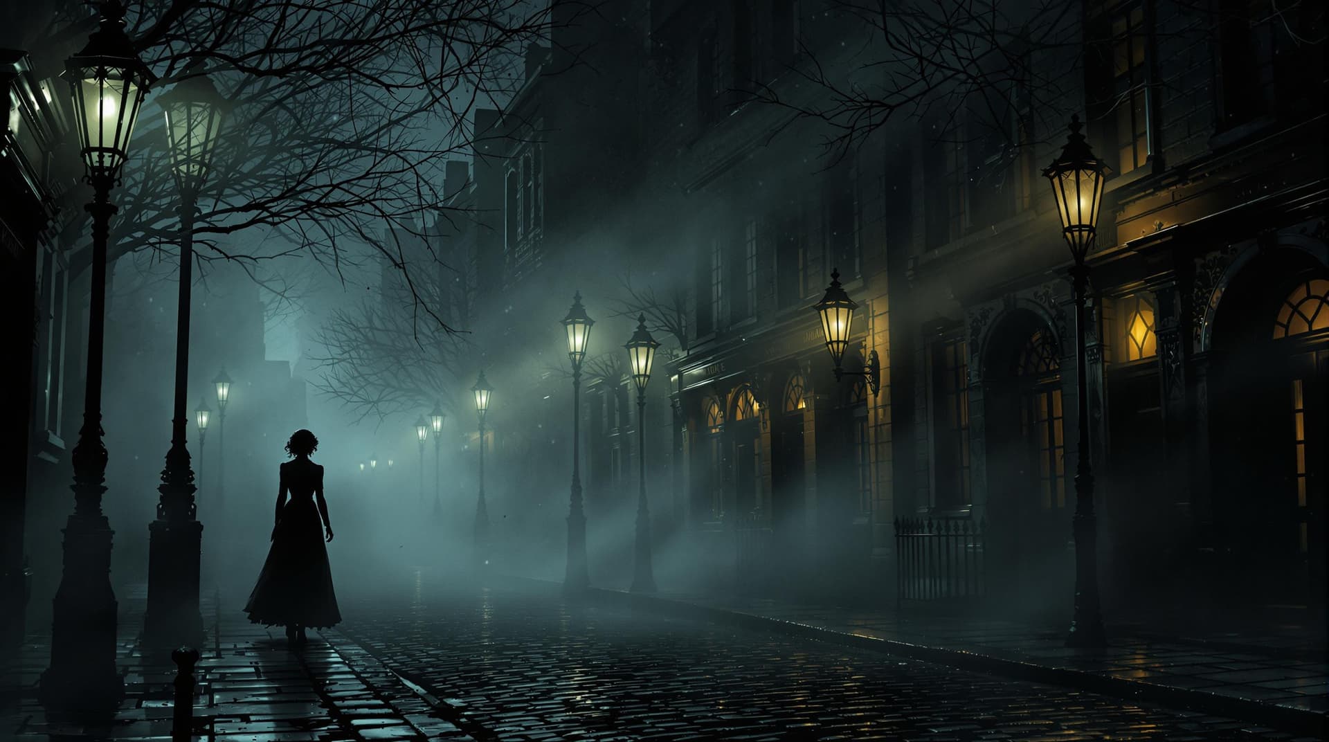 AI generated: An eerie and mysterious Victorian street scene in Richmond, London, shrouded in thick fog. Gas lamps...
