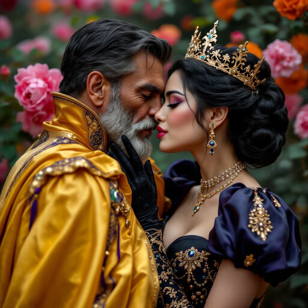 AI generated: a beautiful repulsed disgusted wicked asian Cinderella being passionately kissed by an old pompous s...