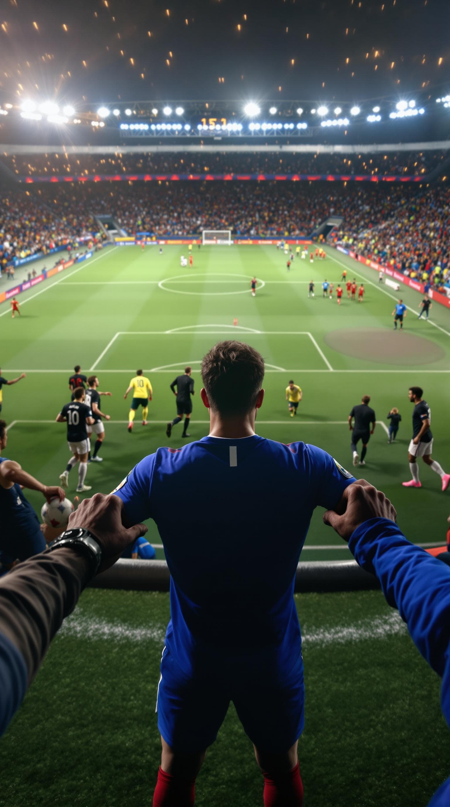 AI generated: "A first-person perspective of a professional footballer standing on the edge of the pitch, taking i...