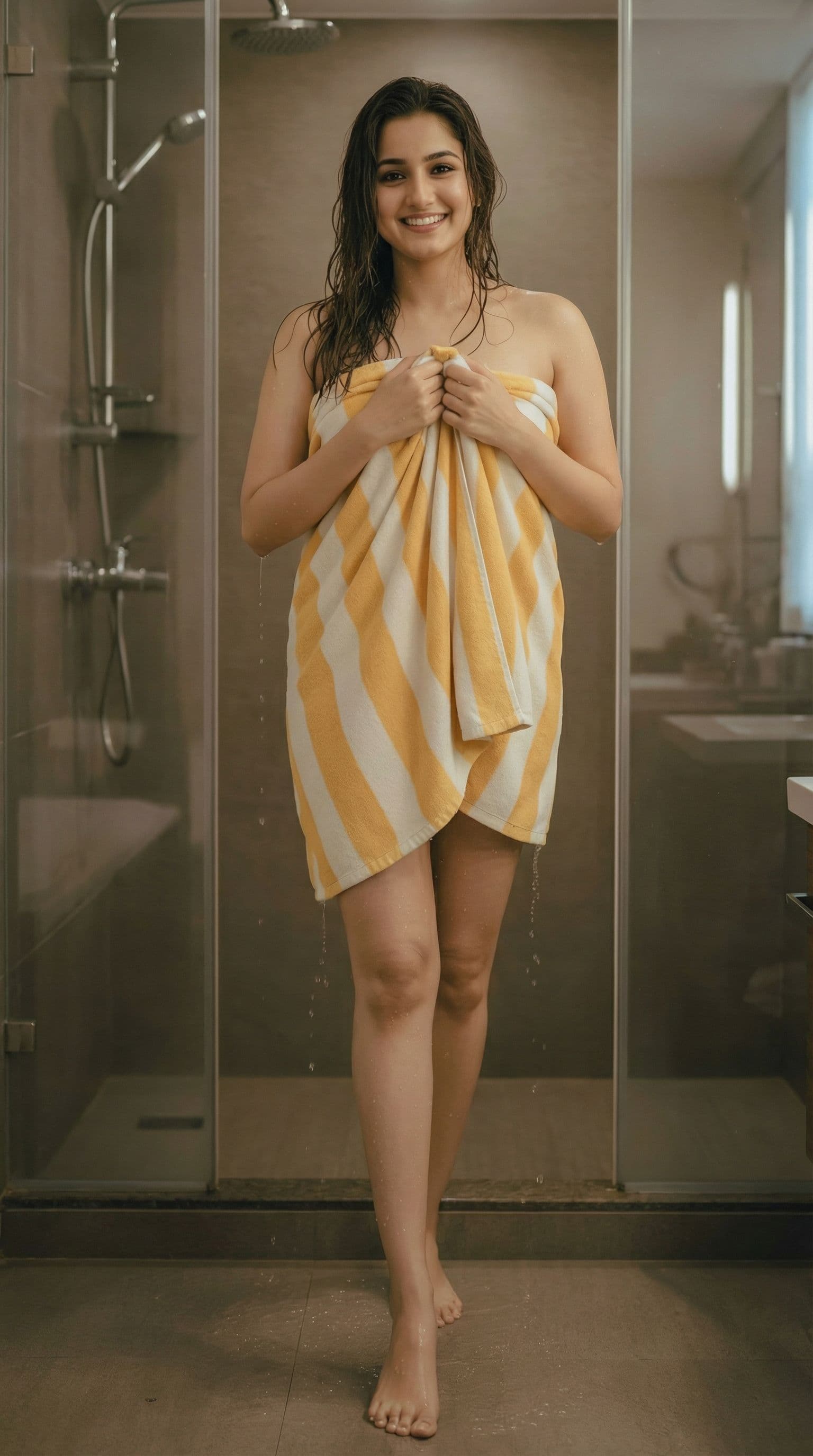 AI generated: A 8K masterpiece, ultra-detailed, full body image of a beautiful face, 25-year-old  with wet hair st...