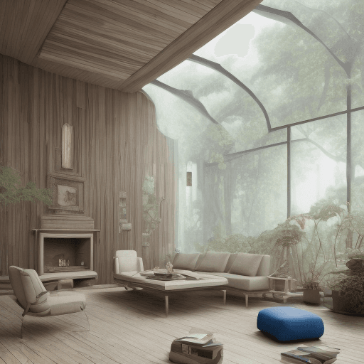 AI generated: High resolution photography interior design, dreamy sunken living room conversation pit, wooden floo...