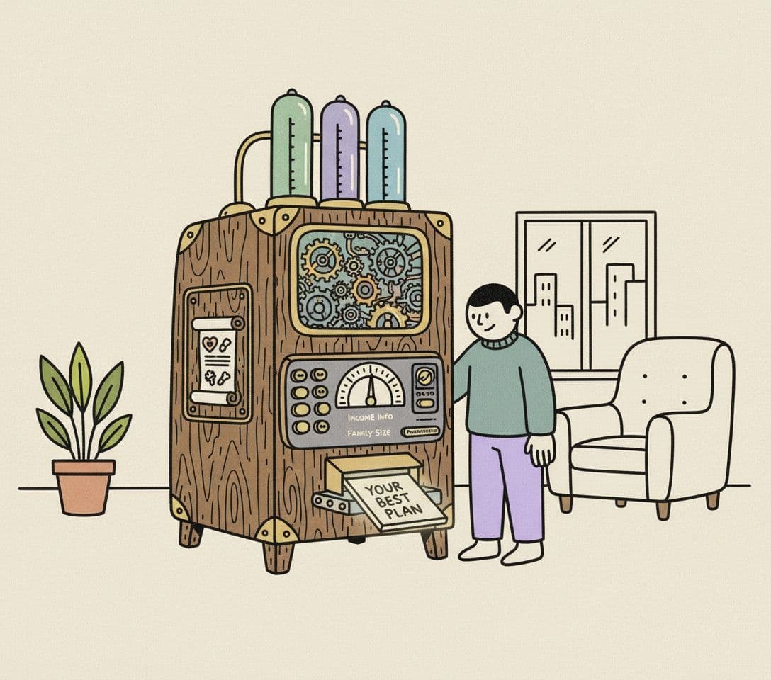 AI generated: a ficticious machine that selects the best health insurance plan for you. Use the attached image as ...