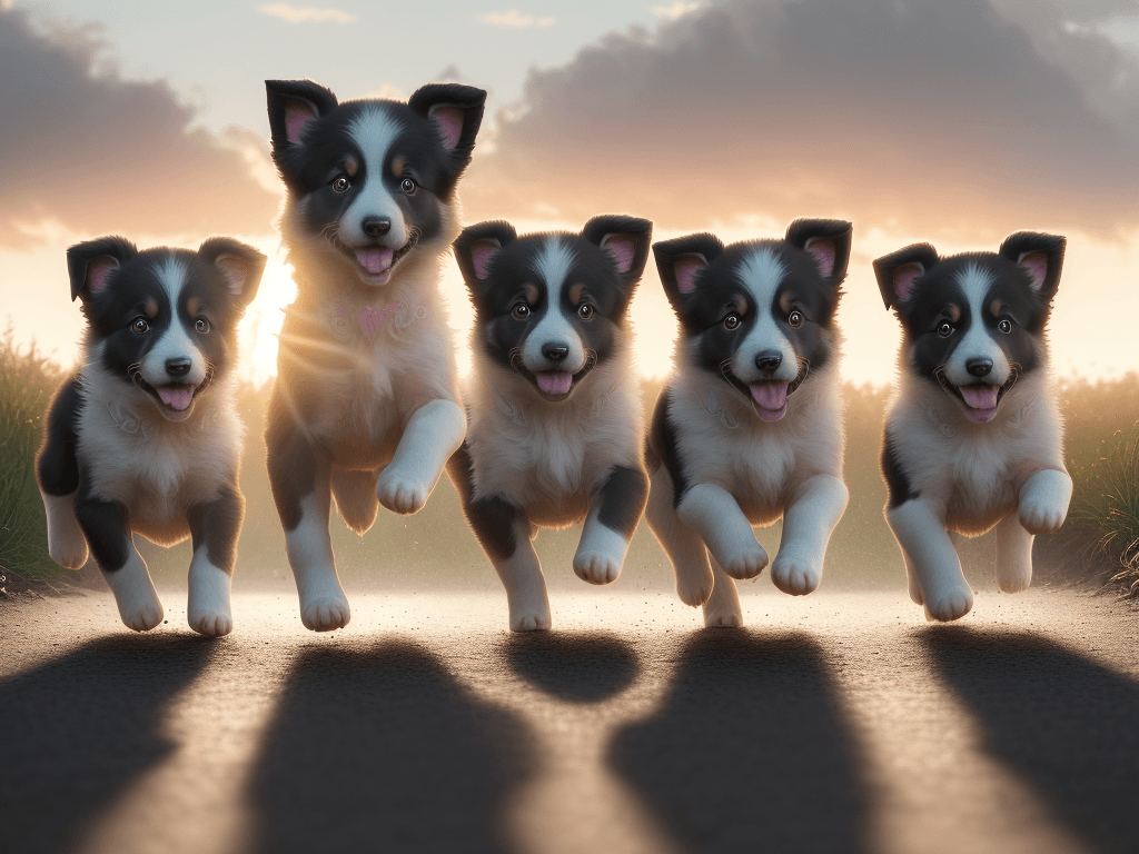 AI generated: Photo of a ultra realistic of a litter of 5 border collie puppies running, paled sunrise, cinematic ...