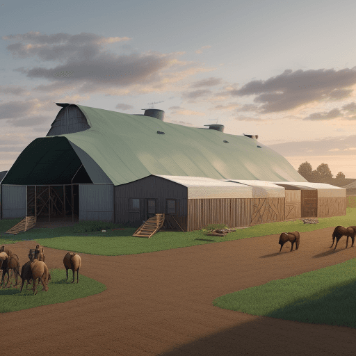 AI generated: Agro farm building, 4 hangars in the territory, cinematic, hyperrealism, high detail, realistic rend...