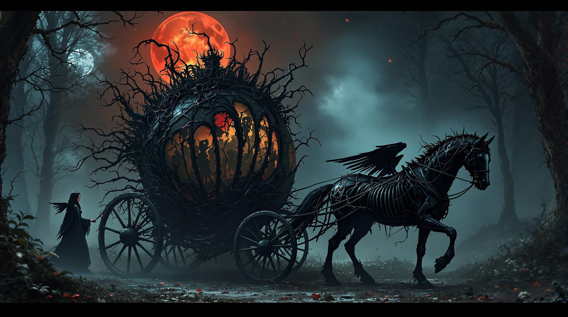 AI generated: A corrupted gothic version of the Cinderella carriage transformation scene: a rotting gourd mutates ...