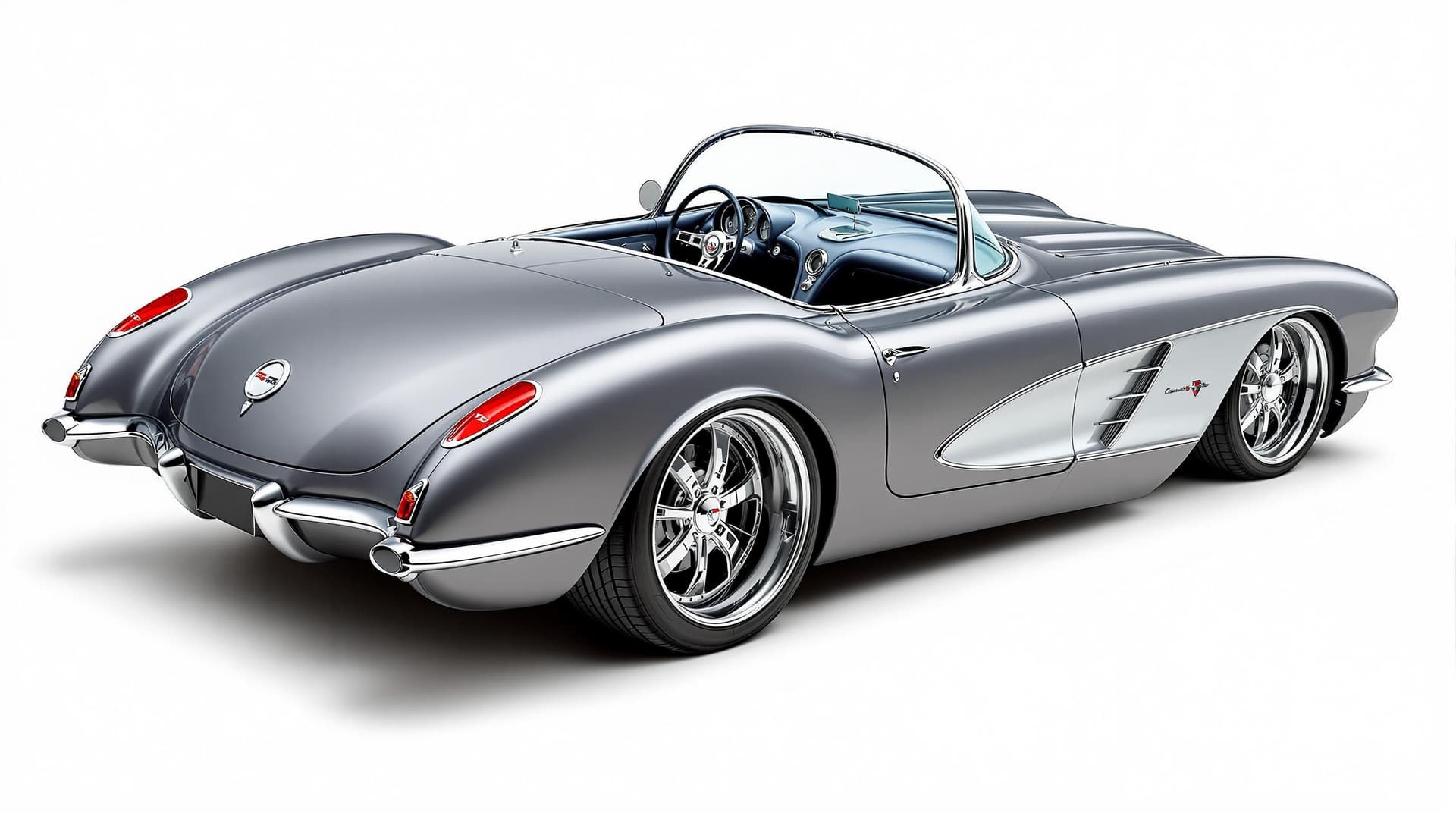 AI generated: Hyper realistic 1958 chevy corvette convertible, top rear side view, gray color, restomod with 20" d...